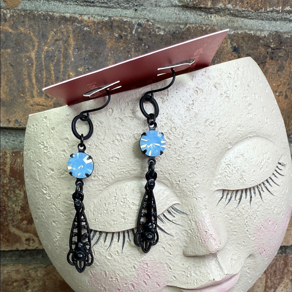Roman Style Black Filagree And Blue Rhinestone Dangle Earrings